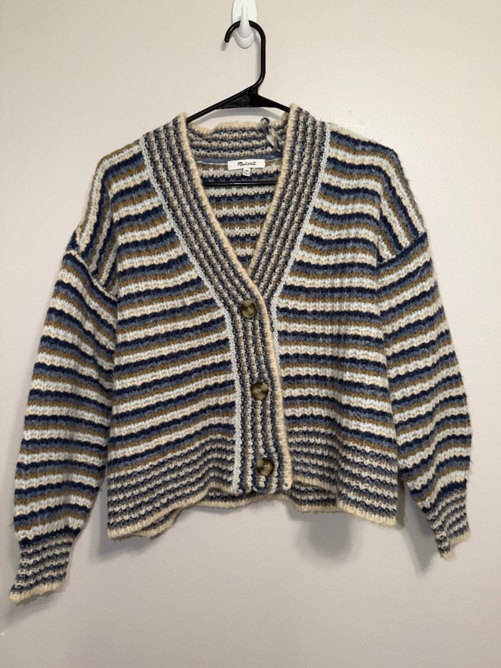 Madewell Striped Cardigan Sweater XXS Blue Tan Button Front Cozy Knit - Picture 2 of 7